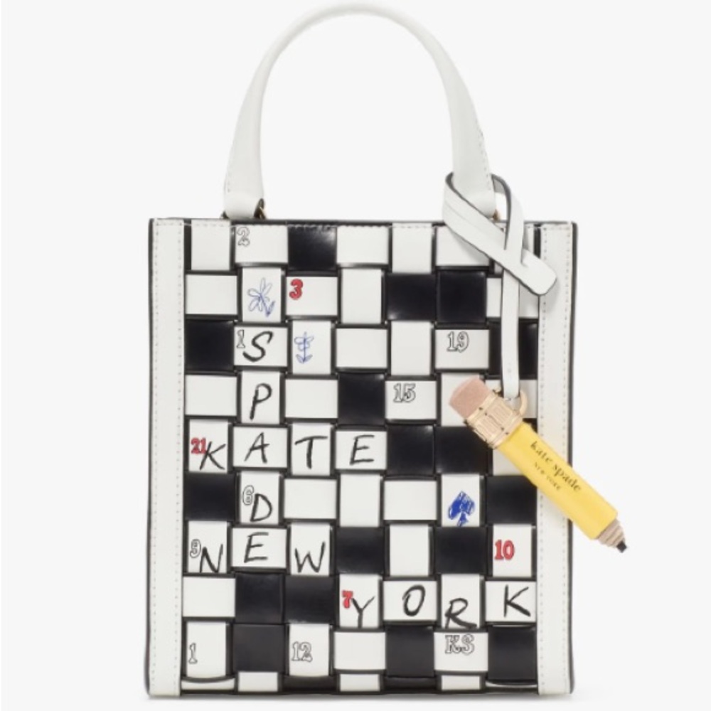 Kate Spade Wordplay Mini Manhattan Leather Tote - Black & White Crossword